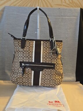Coach Brown Signature Stripe Shoulder Bag with Dark Brown and Cream Accents